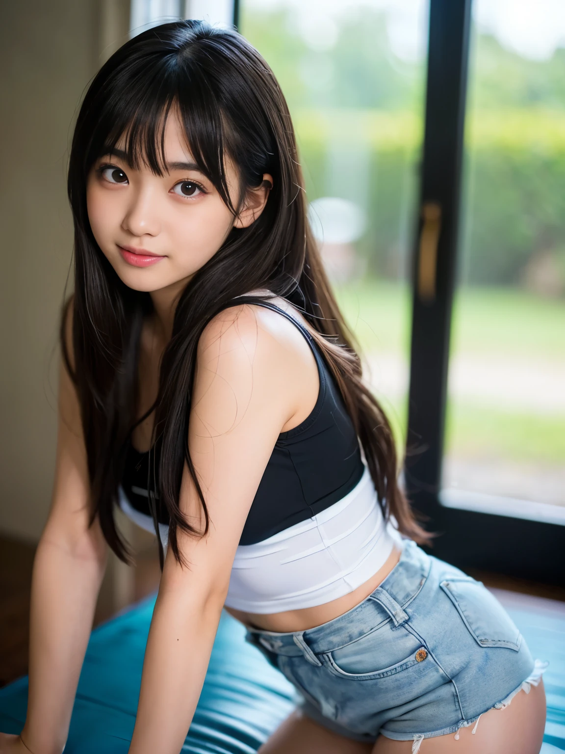 (Best-quality, Masterpiece, Ultra-High-Resolution, (Photorealistic:1.4), Raw Photo, depth of field, professional lighting, perfect anatomy, extremely details), 1girl, 15-years-old, the most famous Japanese idol, (wearing booty-shorts, sleeveless shirt), (((extremely cute and extremely -eyes, extremely cute long-eyelashes))), (((extremely beautiful and extremely realistic skins))), ((extremely cute face like the most popular Japanese idol, extremely cute lips)), innocent smile