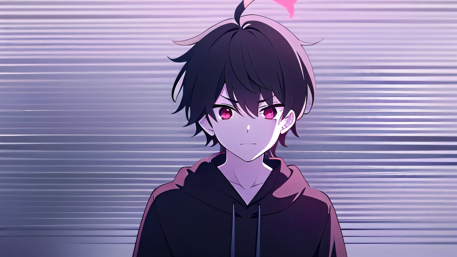  skinny, solo, 1boy, man, male A gloomy appearance, awkward smile,very short hair, short cut hair, black hair, red eyes,messy hair, bangs, messy bangs, ahoge, cowlick, black hoodie, upper body, theme dark, early evening background,