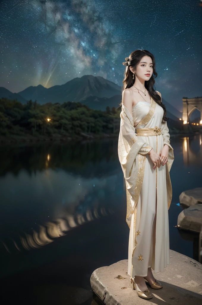 (((best quality))),(((ultra detailed))),(((masterpiece))),illustration,((1 beautiful girl,solo)),(shoulder length straight hair:1.2),((earrings,necklace)),((slim,thin)),((small breasts,flat chest)),(gorgeous red Hanfu:1.5),(slender legs:1.2),(loafers:1.2),(standing:1.3),(arms behind back:1.5),(on the stone arch bridge:1.3),((starry sky,the Milky Way,horizon)),elegance, grace, sophisticated updo, delicate hairpins, twinkling stars, radiant smile, bright eyes, wonder, beauty of the night sky, intricate patterns, flowers, birds, vibrant colors, ethereal, enchanting, old bridge, weathered, sturdy, natural surroundings, serene, peaceful atmosphere, rippling water, stars, graceful silhouette, magic, tranquility, twinkling stars, mesmerizing canopy of light, cool air, crisp, faint scent of blooming flowers, contemplation, admiration, ancient China, timeless, rich culture, traditions, captivating, enchanting atmosphere, myth, legend,((from front,close-up of full body))