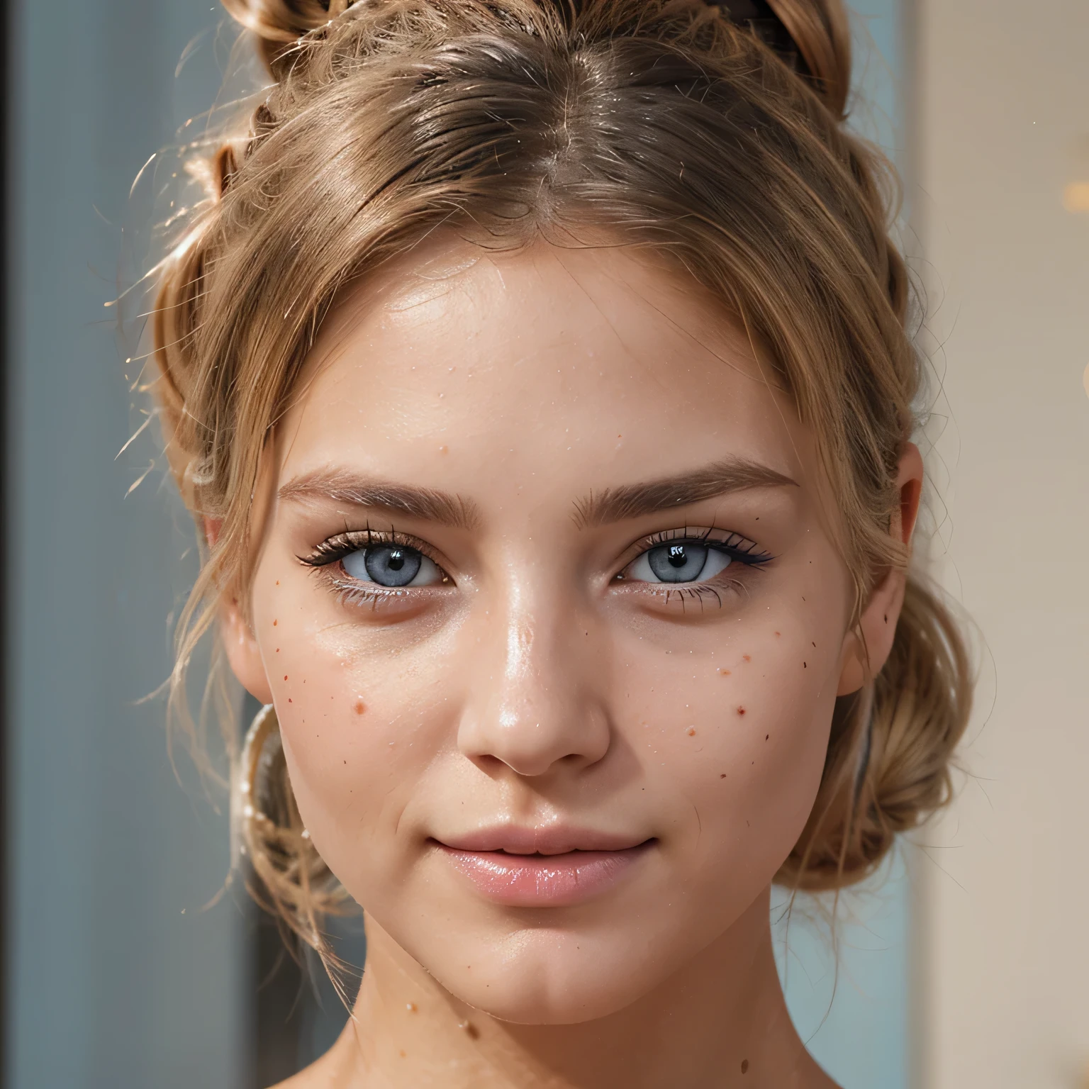 realistic photo portrait of a blond model with mascara light blues eyes, dimples, shiny and luscious lips, bun hair, meticulous detailed, high detailed, 4k, tanned skin, black mole on cheek