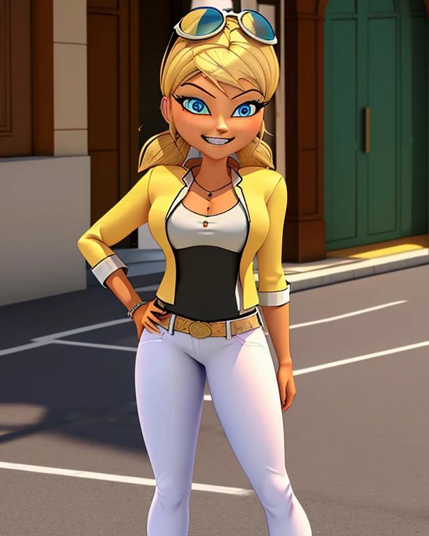 (8k, RAW photo, best quality, masterpiece:1.2), (intricate details), perfect eyes, perfect face, perfect lighting, beautiful, (masterpiece:1.2), (best quality:1.2), 1girl, solo, combine marinette dupain-cheng with chloe bourgeois, blonde hair, ((hair in short twin tails)), (fake tan skin:1.2), arrogant, haughty, haughty smile, grin, (medium breast:0.5), (average breast), (Wearing: yellow jacket, black undershirt, belt, white pants, white heels), cowboy shot, 3DMM, standing, front view,
