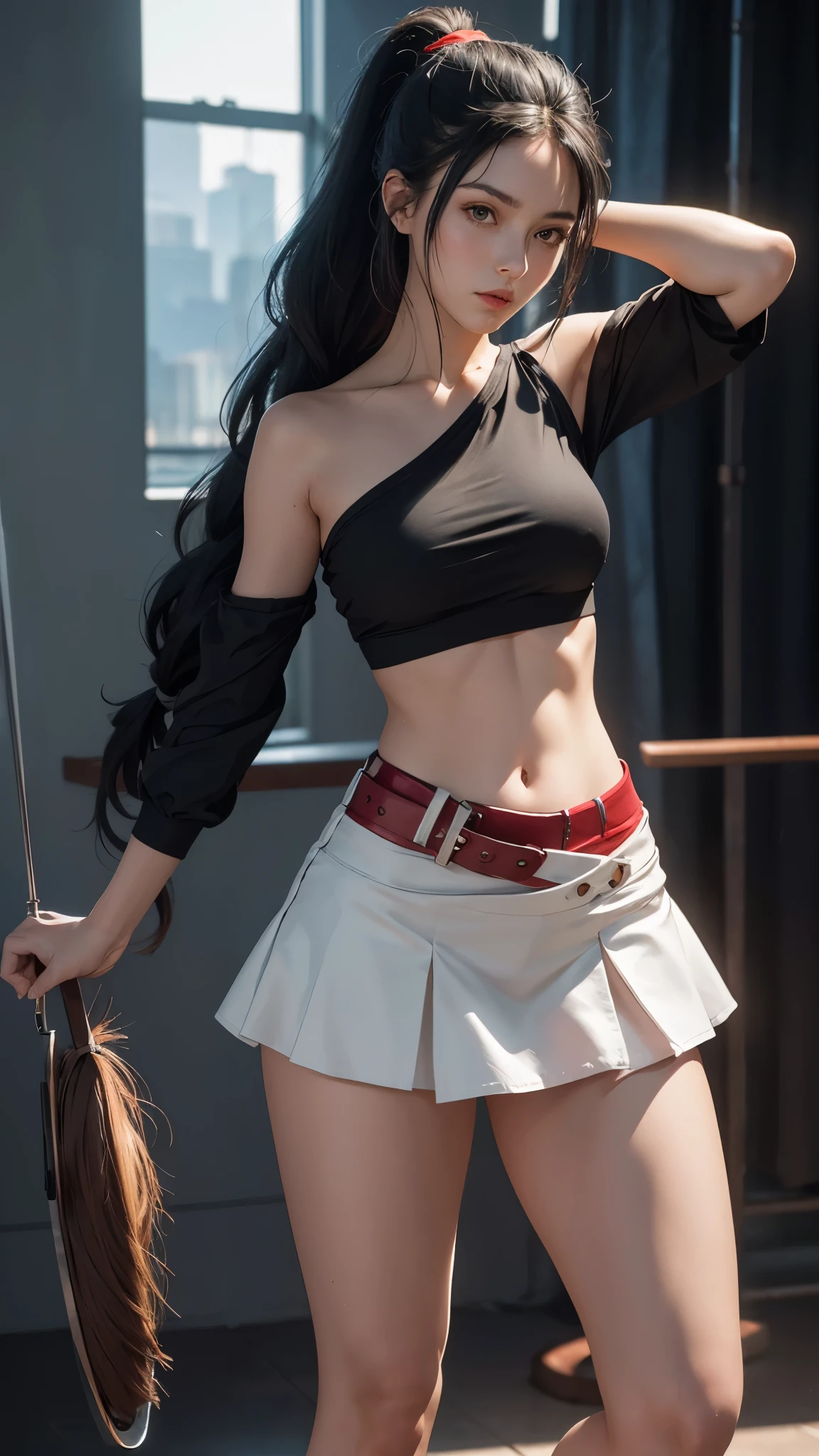 a young woman with long black hair in a high ponytail and braided plait, wearing a one-shoulder top with the left side black and the right side red, showing her bare midriff, a short white mini skirt that lifts around her hips, arms raised above her head, giving one leg, dancing in a disco setting, full body shot from a frog perspective, transparent clothing, best quality, 4k, 8k, highres, masterpiece:1.2, ultra-detailed, realistic, photorealistic, photo-realistic:1.37, HDR, UHD, studio lighting, ultra-fine painting, sharp focus, physically-based rendering, extreme detail description, professional, vivid colors, bokeh, portraits, photography