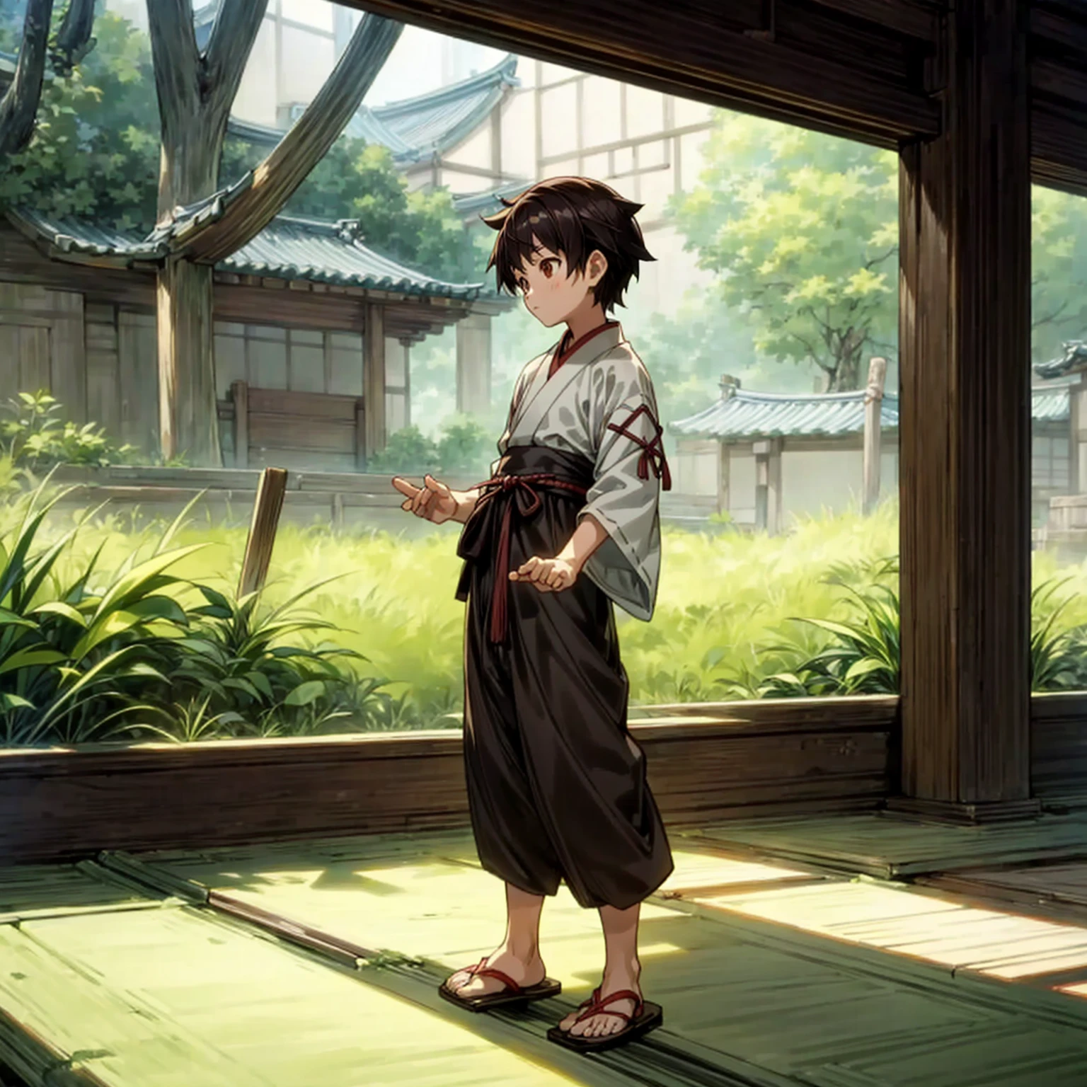 1kid boy, Full body version, 1character, brown eyes, short haircut, black color hair, ancient Japanese traditional clothing style, Sandal Wood Ancient Japan, Grassroots, full background in indoor room village, motion blur, (Hunter x Hunter style art), standing gesture