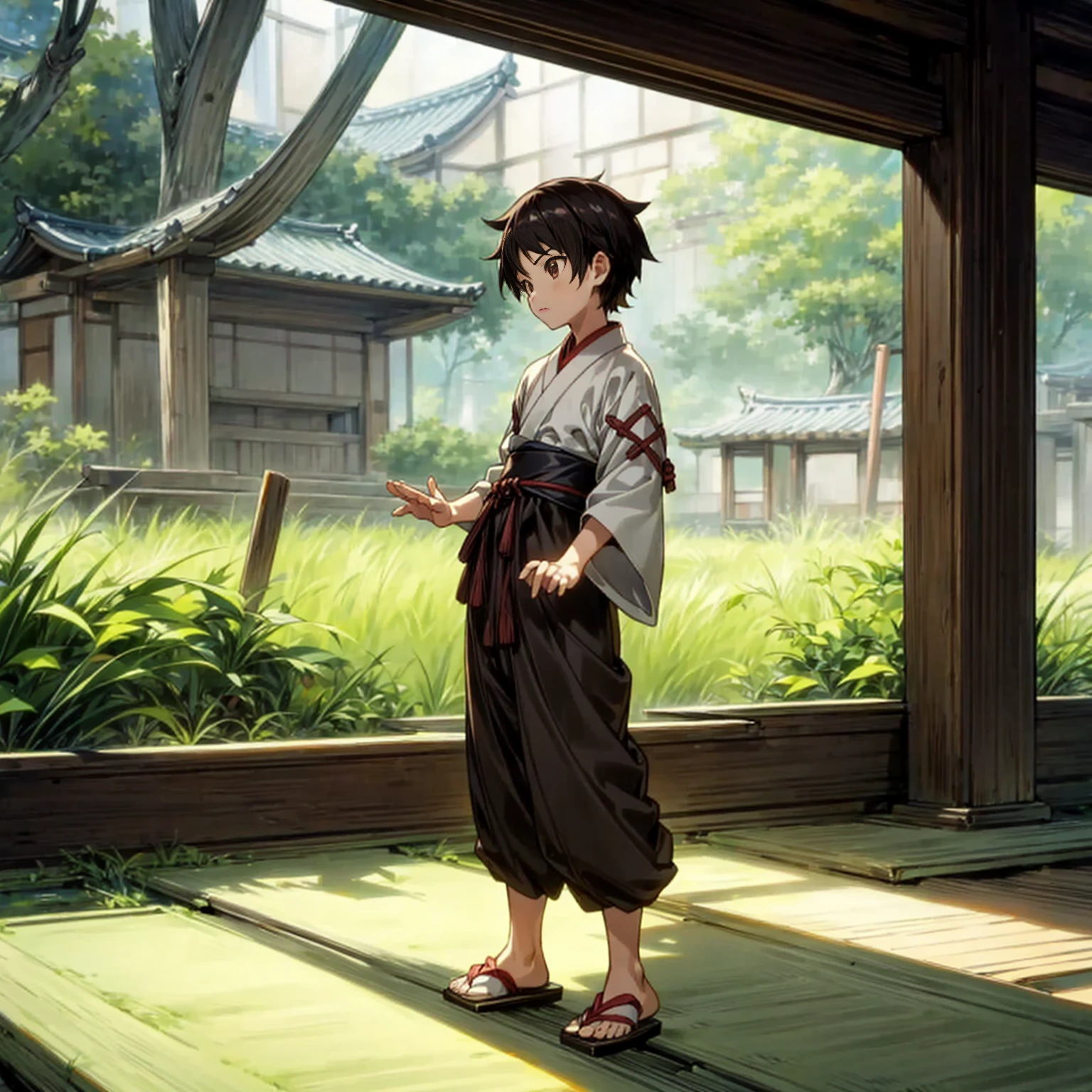1kid boy, Full body version, 1character, brown eyes, short haircut, black color hair, ancient Japanese traditional clothing style, Sandal Wood Ancient Japan, Grassroots, full background in indoor room village, motion blur, (Hunter x Hunter style art), standing gesture