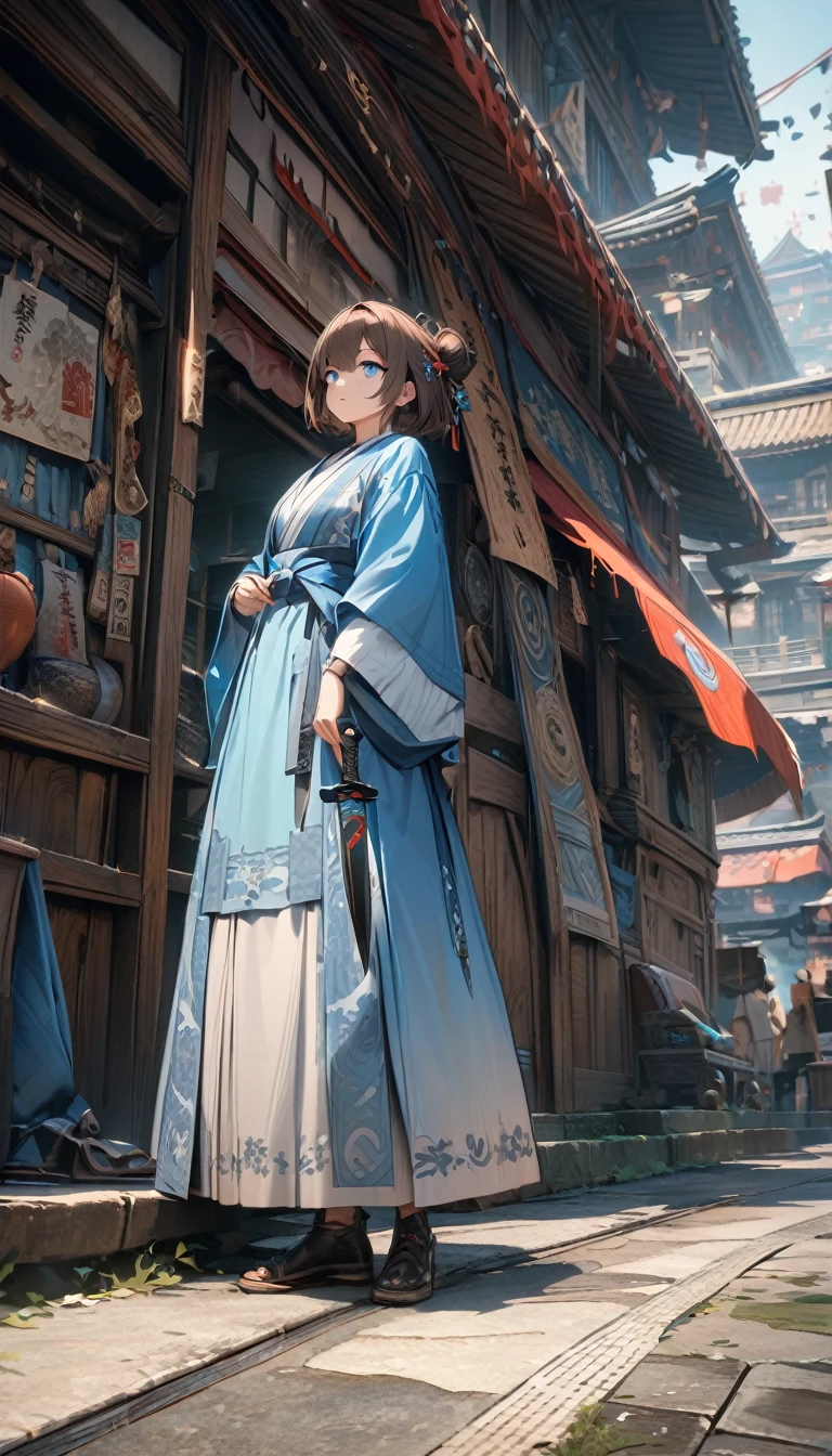 , Brown short hair, blue eyes, knifesist hairpin, blue hanfu, Tao Magic, knife, masterpiece, best quality, Full HD, 8K, Ultra Detailed, Great graphics，City background