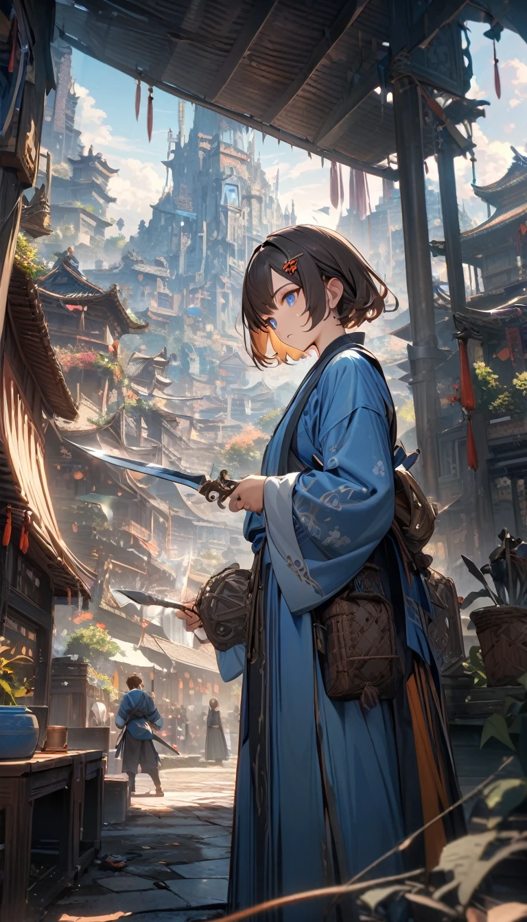 little boy, Brown short hair, blue eyes, knifesist hairpin, blue hanfu, Tao Magic, knife, masterpiece, best quality, Full HD, 8K, Ultra Detailed, Great graphics,City background