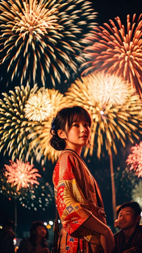 Fireworks display　Masterpiece　high quality　Beautiful men and women illuminated by fireworks　Love begins　yukata　