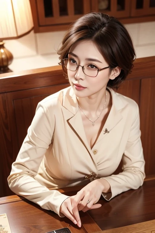 Highest quality、masterpiece、High sensitivity、High resolution、Detailed Description、Slender women、Glasses、Light clothing、