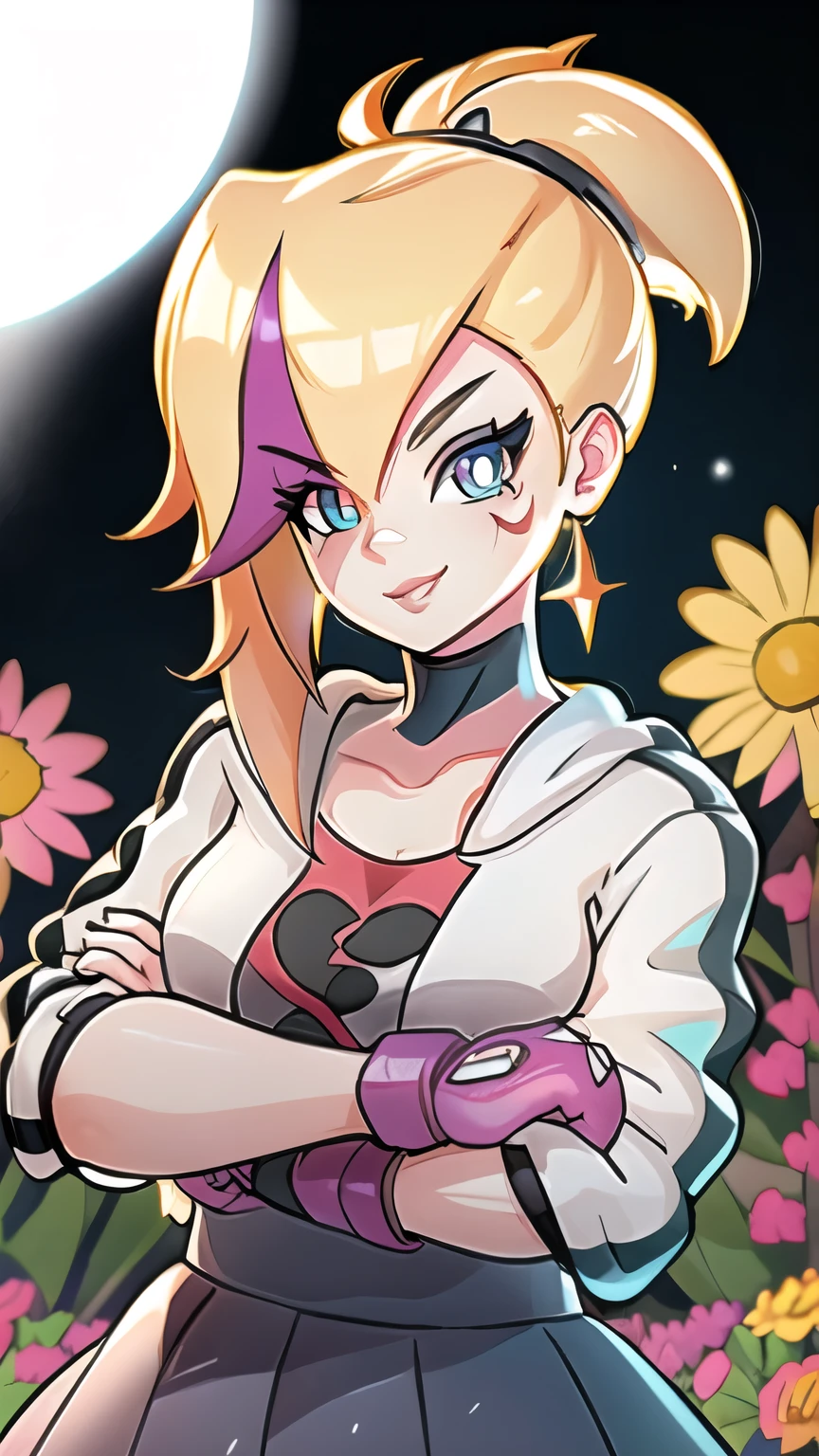 (best quality:1.2),solo,1girl,mdrin,smile,looking at viewer,crossed arms,ponytail,v-shaped eyebrows,white jacket,red shirt,fingerless gloves,black skirt,choker,illustration,detailed background,soft lighting,vibrant colors,fantasy style,blurred foreground,flower garden,subtle shadows,daytime ambiance,lens flare,expressive eyes,lively atmosphere,joyful expression,impeccable makeup,glossy lips,twinkling eyes,sunlit scene,whimsical feeling, ultra long hair