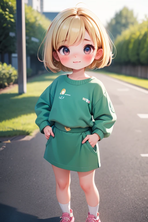 masterpiece, highest quality, Official Art, 8k wallpaper, Very detailed, figure, Small 1 person girl cute, with cute makeup, bob cut with trimmed ends, blonde , Wide Hips,  Round ass, WEAR cool SNEAKERS, WEAR SOCKS, wear Tight pencil skirt, FOCUS WEAR SMALL TOP, Are standing, FOCUS HANDS ON THE HIPS, From the back, back view, SHE IS BLUSHING, FOCUS ALL BODY VIEW.