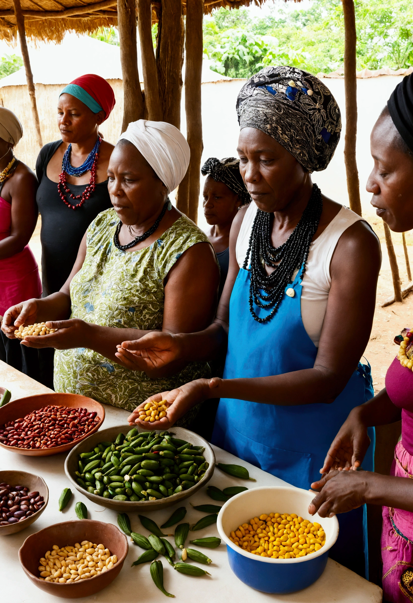 African quilombro community kitchen, land, black people, old black women with turbans and Candomblé accessories such as beads and shells holding a workshop on alternative foods, such as okra, onions, peanuts, beans, rice, caruru, traditional Brazilian acarajé with innovation!