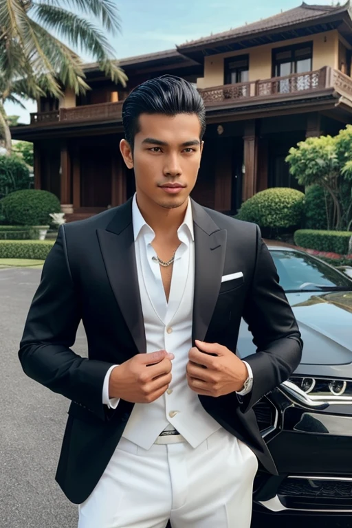 Generate an image of a handsome and wealthy young man named. He is Indonesian. He should be dressed in luxurious clothing, showcasing a high-end car or an opulent mansion. He has an air of self-assuredness and sophistication, reflecting his lavish lifestyle. His surroundings should highlight his wealth and status.