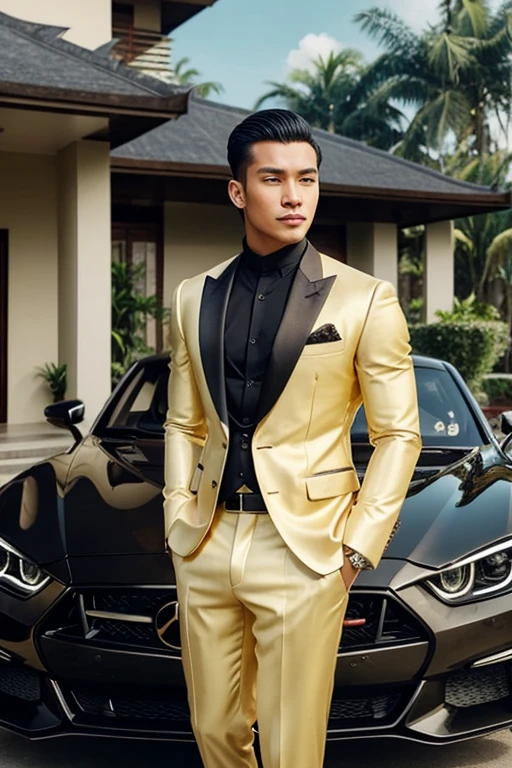 Generate an image of a handsome and wealthy young man named. He is Indonesian. He should be dressed in luxurious clothing, showcasing a high-end car or an opulent mansion. He has an air of self-assuredness and sophistication, reflecting his lavish lifestyle. His surroundings should highlight his wealth and status.
