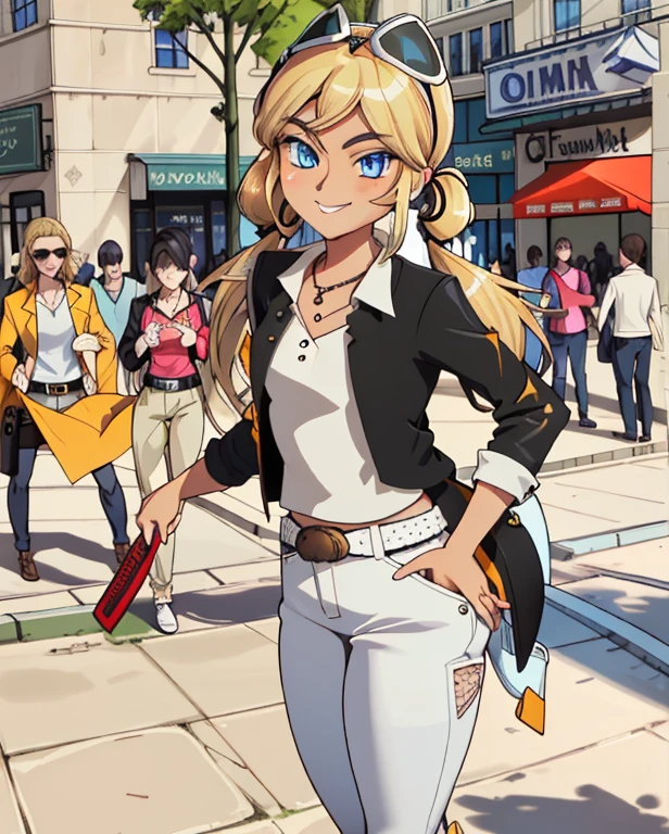 (8k, RAW photo, best quality, masterpiece:1.2), (intricate details), perfect eyes, perfect face, perfect lighting, beautiful, (masterpiece:1.2), (best quality:1.2), 1girl, solo, combine marinette dupain-cheng with chloe bourgeois, blonde hair, ((hair in short twin tails)), (fake tan skin:1.2), arrogant, haughty, haughty smile, grin, (medium breast:0.5), (average breast), (Wearing: sunglasses on head, yellow jacket, black undershirt, belt, white pants, white heels), cowboy shot, 3DMM, standing, front view,
