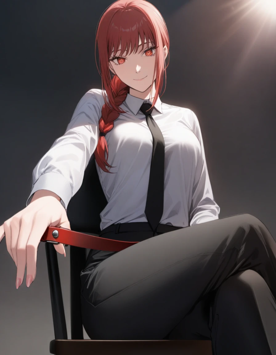 1girl,makima(chainsaw_man),sitting_in_chair,legs_crossed,black_necktie,black_pants,braid,braided_ponytail,breasts,closed_mouth,collar,collared_shirt,cowboy_shot,fingernails,giving,hair_over_shoulder,head_tilt,holding dog leash,pulling leash,long_hair,long_sleeves,looking_at_viewer,looking_down_at_viewer,slight_lean_forward,necktie,outstretched_arm,pants,red_eyes,red_hair,ringed_eyes,shirt,smile,solo,sunlight,unworn_collar,white_shirt,