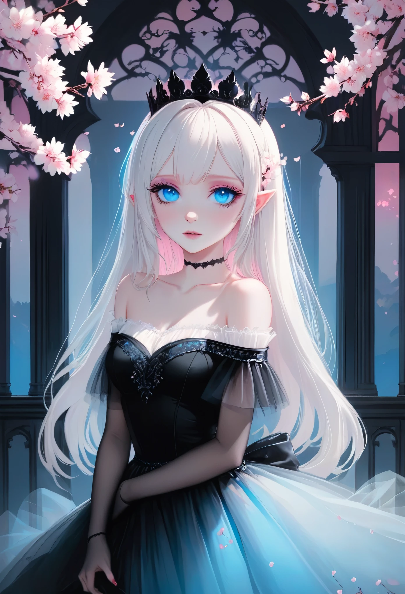 best quality, masterpiece, beautiful artwork. gradient black and pink room, a very pale white skinned vampire girl with tiara, (blue eyes:1.4), (wearing off shoulder top, black tulle skirt:1.3), (gothic aesthetic:1.2), long white hair, cherry blossoms, well lit,  pastel goth, vivid color palette 