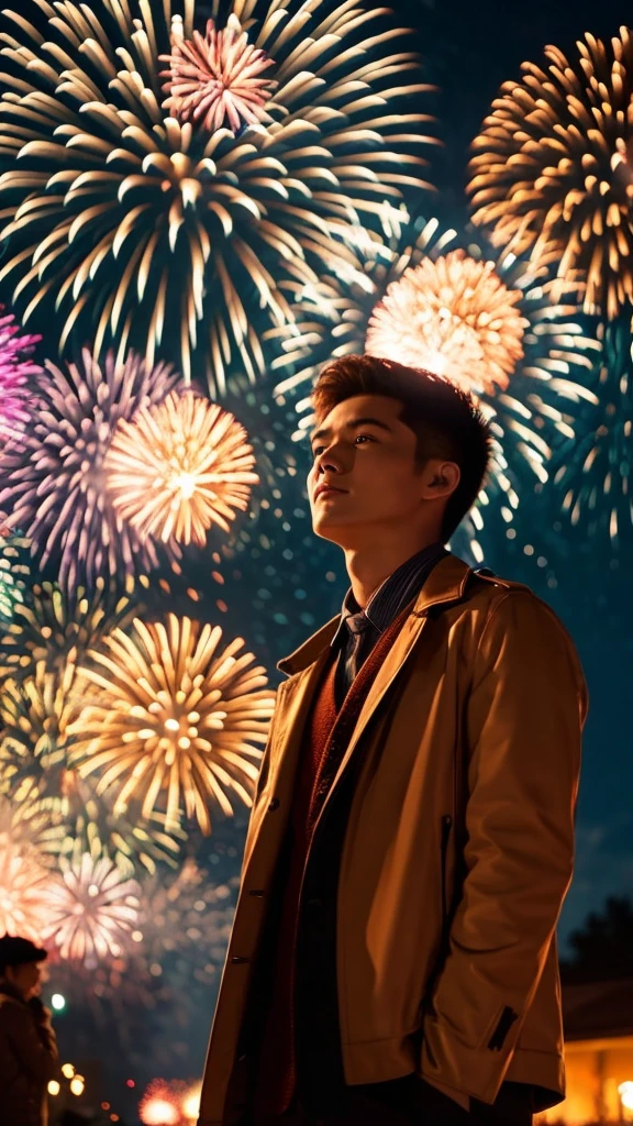 Fireworks display Masterpiece high quality Beautiful men and women illuminated by fireworks Love begins