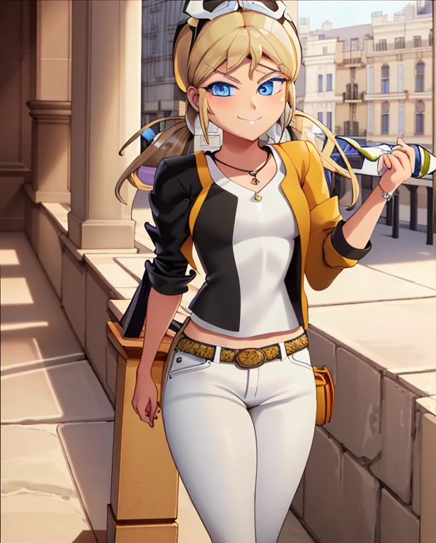 (8k, RAW photo, best quality, masterpiece:1.2), (intricate details), perfect eyes, perfect face, perfect lighting, beautiful, (masterpiece:1.2), (best quality:1.2), 1girl, solo, combine marinette dupain-cheng with chloe bourgeois, blonde hair, ((hair in short twin tails)), (fake tan skin:1.2), arrogant, haughty, haughty smile, grin, (medium breast:0.5), (average breast), (Wearing: sunglasses on head, yellow jacket, black undershirt, belt, white pants, white heels), cowboy shot, 3DMM, standing, front view,
