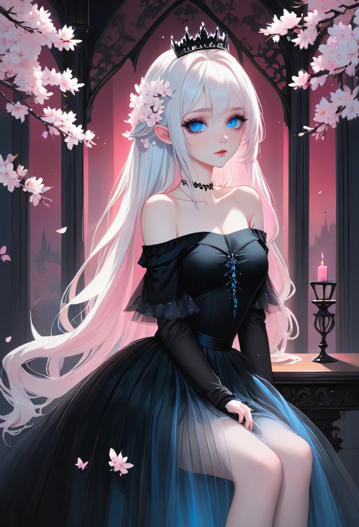 best quality, masterpiece, beautiful artwork. gradient black and pink room, a very pale white skinned vampire girl with tiara, (blue eyes:1.4), (wearing off shoulder top, black tulle skirt:1.3), (gothic aesthetic:1.2), long white hair, cherry blossoms, well lit,  pastel goth, vivid color palette 