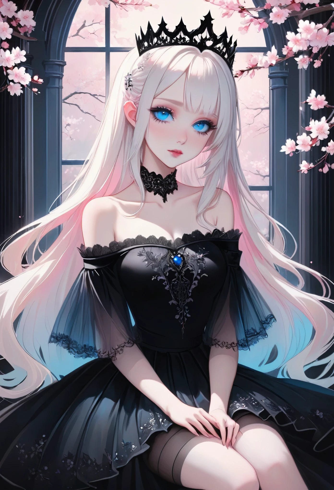 best quality, masterpiece, beautiful artwork. gradient black and pink room, a very pale white skinned vampire girl with tiara, (blue eyes:1.4), (wearing off shoulder top, black tulle skirt:1.3), (gothic aesthetic:1.2), long white hair, cherry blossoms, well lit,  pastel goth, vivid color palette 