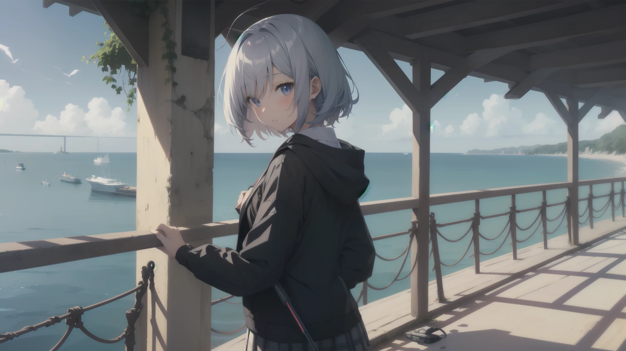 Ultra Absurd - Top quality from the god of art, Very detailed, High resolution, Anime Moe Art Style, best anime 8k konachan wallpaper, pixiv Contest Winner, Perfect Anatomy,break, One girl, (alone座って釣りをしている女の子を描いてください. )break,(alone,Little Woman, 13 years old:1.3),Complete limbs, Full Finger,a junior high School student, The charm of an immature body, (Very short hair), Shortcuts, Flat Chest, , Small Ass, Small black eyes, Beautiful attention to detail, Well-proportioned iris and pupil, Expressive eyes, High resolutionの詳細な髪, Soft look, fishing rod, School_uniform, Pleated skirt, Holding,Holding fishing rod, fishing line, (Detailed lighting), (Detailed Background), Outdoor, Ocean, At the pier. break,Very detailed肌, Best cinematic lighting powered by famous Artist, 8k,Beauty Illustration,Photoshop_(Moderate),so beautiful,break,((Artist:core )), Artist:fire_(Ruin) ,Artist:Who is Akinashi?？ ,Artist:Parents Ashido ,