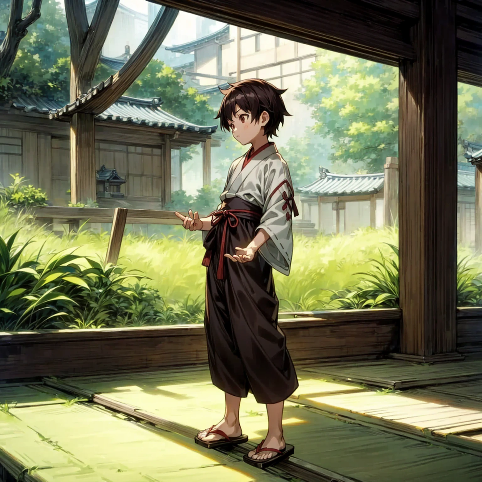 1kid boy, Full body version, 1character, brown eyes, short haircut, black color hair, ancient Japanese traditional clothing style, Sandal Wood Ancient Japan, Grassroots, full background in indoor room village, motion blur, (Hunter x Hunter style art), standing gesture