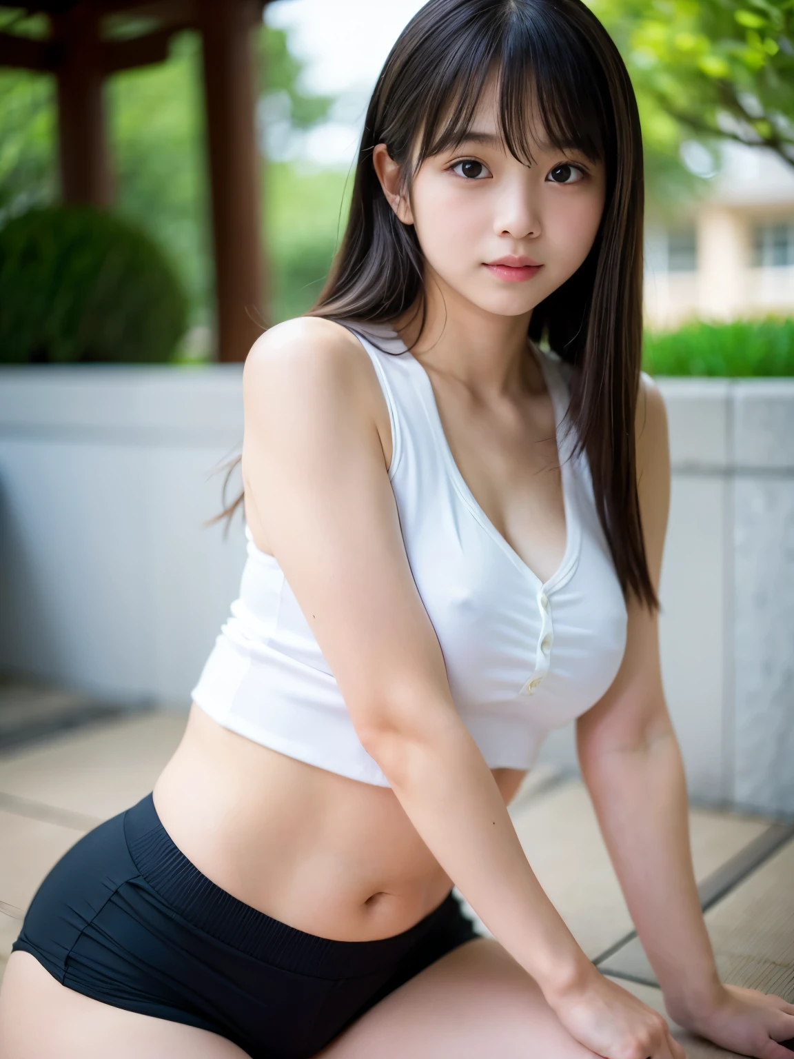 (Best-quality, Masterpiece, Ultra-High-Resolution, (Photorealistic:1.4), Raw Photo, depth of field, professional lighting, perfect anatomy, extremely details), 1girl, -yeld, thost famous Japanese idol, booty-pose, (wearing booty-shorts, sleeveless shirt), (((extremely cute and extremely big black-eyes, extremely cute long-eyelashes))), (((extremely beautiful and extremely realistic skins))), ((extremely cute face like the most popular Japanese idol, extremely cute lips)), innocent smile