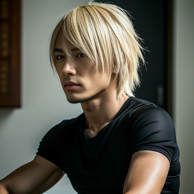 1 man, Japanese man, male, Asian eyes, muscular, broad shoulders, dragon,hairstyle Visual Kei style, hair Visual Kei, black men's shirt and black pants, ultra detailed face, hyperrealistic, realistic representation, 30 years old, ,age 30 years, Blonde hair