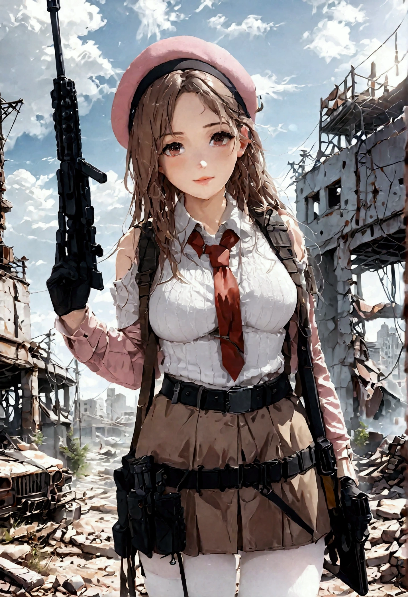 ((1girl)),  super fine illustration, vibrant colors, absurdres extremely detailed CG, 8k wallpaper, (masterpiece:1.3), dynamic angle, dynamic pose, 
best quality, depth of field, cinematic lighting, ultra detailed, brown long hair, very straight hair, large breast, white knit dress , 20yo, cute, very , brown eyes, kawaii, tender smile, droopy eyes, combat, pink leotad, beret, pink hat, Millitaly headset, red necktie, black leather glove, pink military jacket, white thighhighs pantyhose, military belt, military pouch, modern military heavy rifle, ruin city, Post-apocalypse