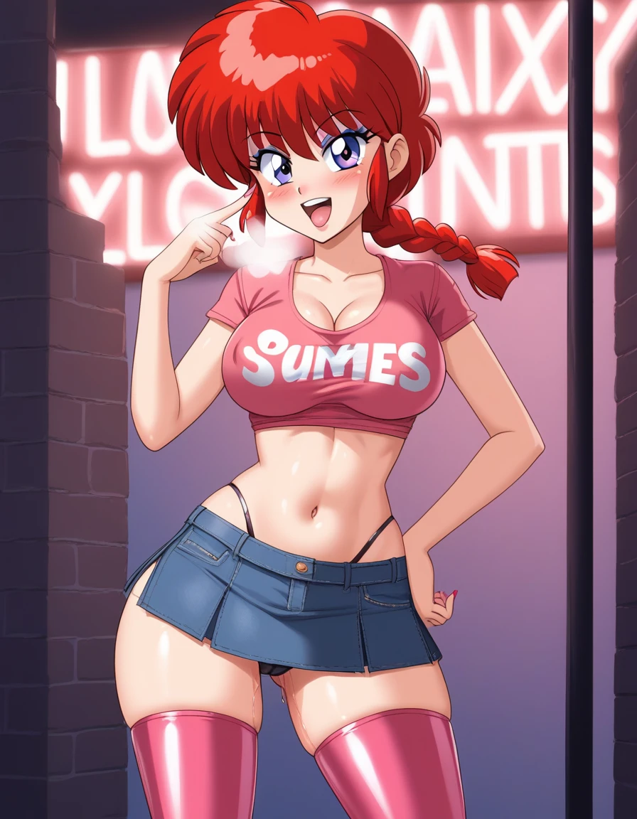1girl, background, (ranma-chan), blush, red hair, medium breasts, tomboy, one short pigtail, nighttime, hot breath, open mouth, dimmed lighting, standing, city, big ass, wide hips, toned body, wearing slutty prostitute outfit, micro skirt, midriff, prostitute, purple eyeshadow, (detailed fingers), thong peek, tight pink latex top, no bra, 5 fingers, red light, neon light billboards, red-light district, nipple bulge, pussy juice, (artist: conder), (cameltoe), close to viewer, grinning, (girl inviting viewer to fuck her), slutty, prostitute, long eyelashes, deep cleavage, whore, prostitute, bimbo, (5 fingers and one thumb), willing whore, she wants to fuck,