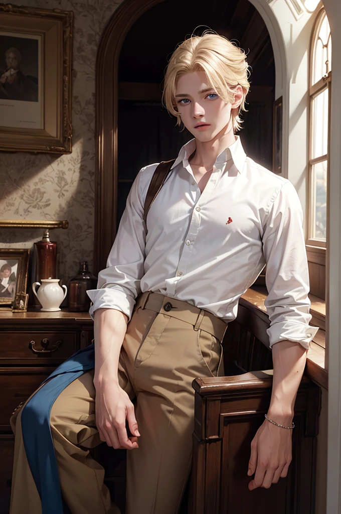 Young blond boy, medium-length hair, long eyelashes, blue eyes, 1800s clothing, white shirt, worn brown pants, braces, gloomy manor house, autumn, under a red hood.