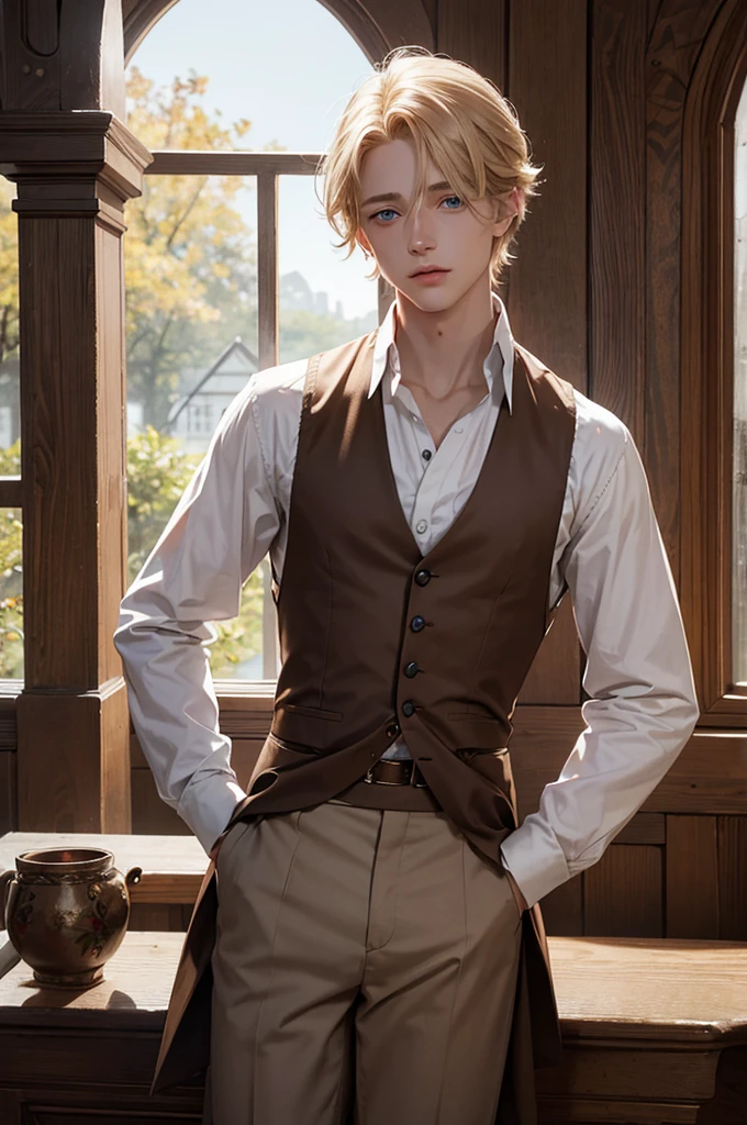 Young blond boy, medium-length hair, long eyelashes, blue eyes, 1800s clothing, white shirt, worn brown pants, braces, gloomy manor house, autumn, under a red hood.