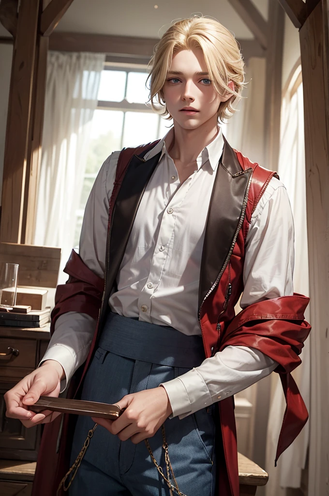 Young blond boy, medium-length hair, long eyelashes, blue eyes, 1800s clothing, white shirt, worn brown pants, braces, gloomy manor house, autumn, under a red hood.