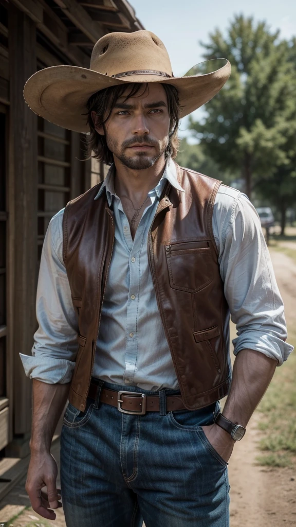 clem (clem): clem é um homem forte e intimidador, with a muscular build. His cowboy hat is light brown, matching your rustic look. He wears a light blue shirt that highlights his physical strength., complemented by a dark brown leather vest. Your brown pants are functional and suitable for life in the Wild West, secured by a leather belt. As botas altas de clem são bem desgastadas, indicating long walks and adventures. His face has a tough look, with a look that conveys a mixture of tiredness and determination. clem carrega um revólver pesado em seu coldre, ready for action at any time.