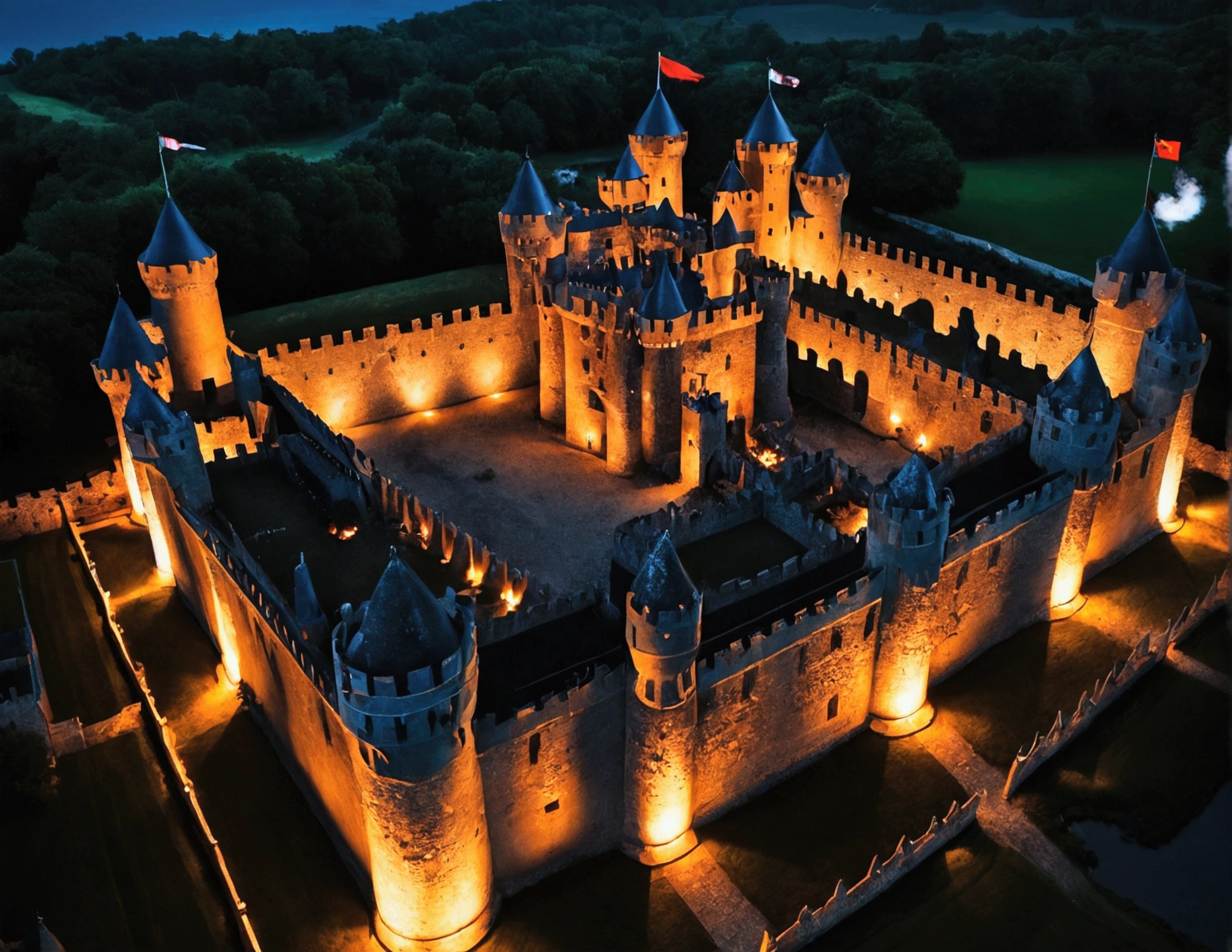 medieval castle- night- war- fire- dark- drone view