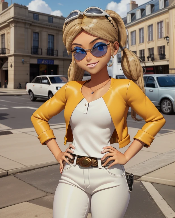 (8k, RAW photo, best quality, masterpiece:1.2), (intricate details), perfect eyes, perfect face, perfect lighting, beautiful, (masterpiece:1.2), (best quality:1.2), 1girl, solo, combine marinette dupain-cheng with chloe bourgeois, blonde hair, ((hair in short twin tails)), (fake tan skin:1.2), arrogant, haughty, haughty smile, grin, (medium breast:0.5), (average breast), (Wearing: sunglasses on head, yellow jacket, black undershirt, belt, white pants, white heels), cowboy shot, 3DMM, standing, front view,
