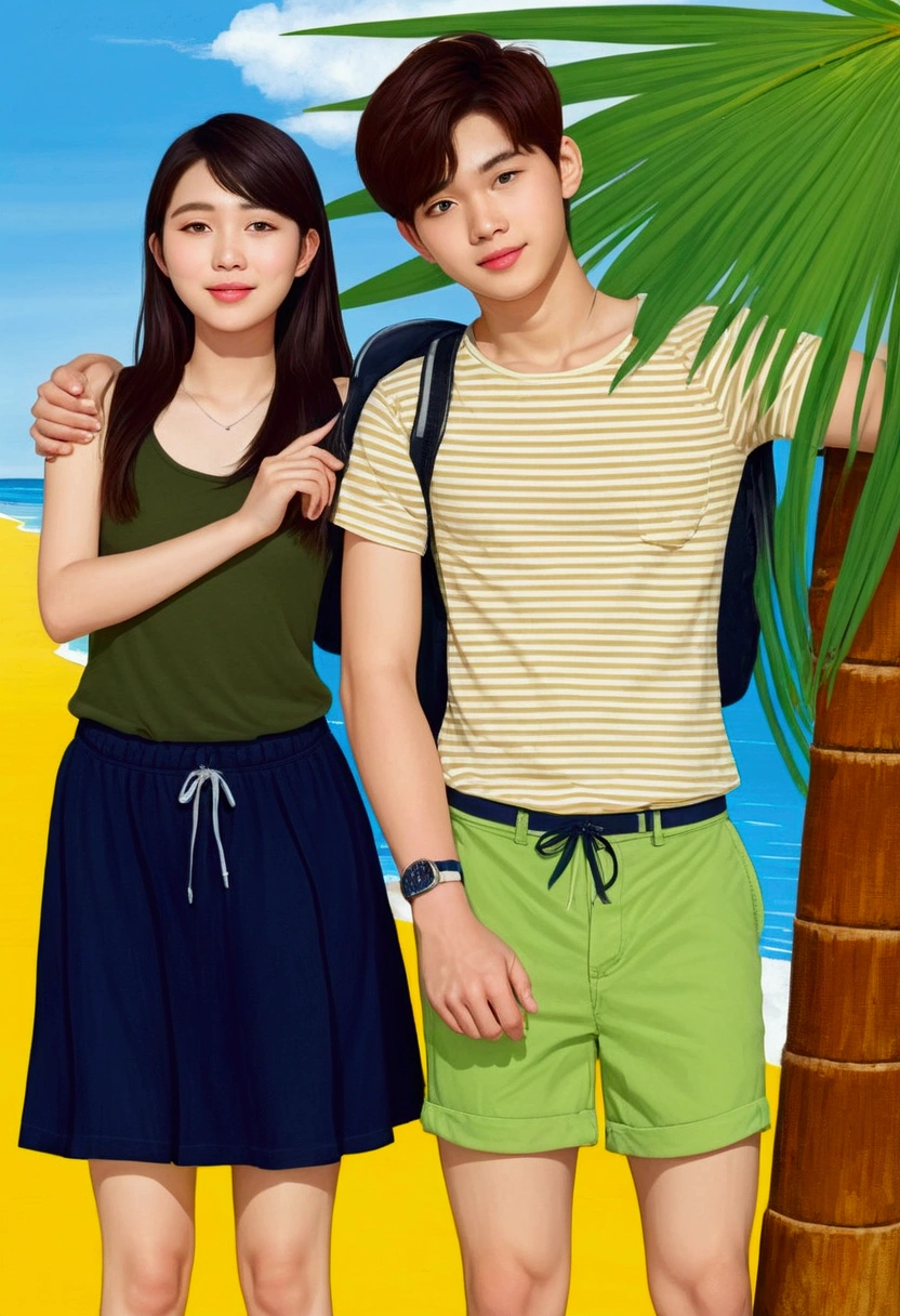 asian teenage couple ,together at beach, coconut tree, seashore, beautiful blue sky, (1girl, 1boy, full body), (masterpiece, best quality)