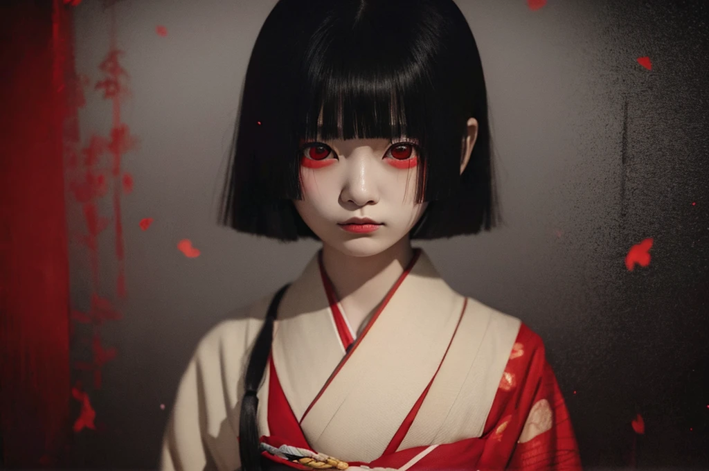 Highest quality、masterpiece、Highest detail、Japanese Yokai、A lonely hell girl floating in the darkness、Beautiful girl with bob hair、Vermilion eyeliner、A simple, thin kimono with red frills on the chest、Glare、Feeling fear、Dense foggy black background、Multiple exposure dense fog