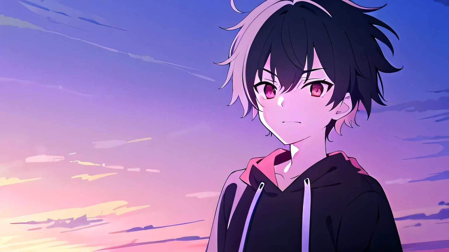  skinny, solo, 1boy, man, male A gloomy appearance,innocent smile,very short hair, short cut hair, black hair, red eyes,messy hair, bangs, messy bangs, cowlick, black hoodie, upper body, theme dark, sunset background,