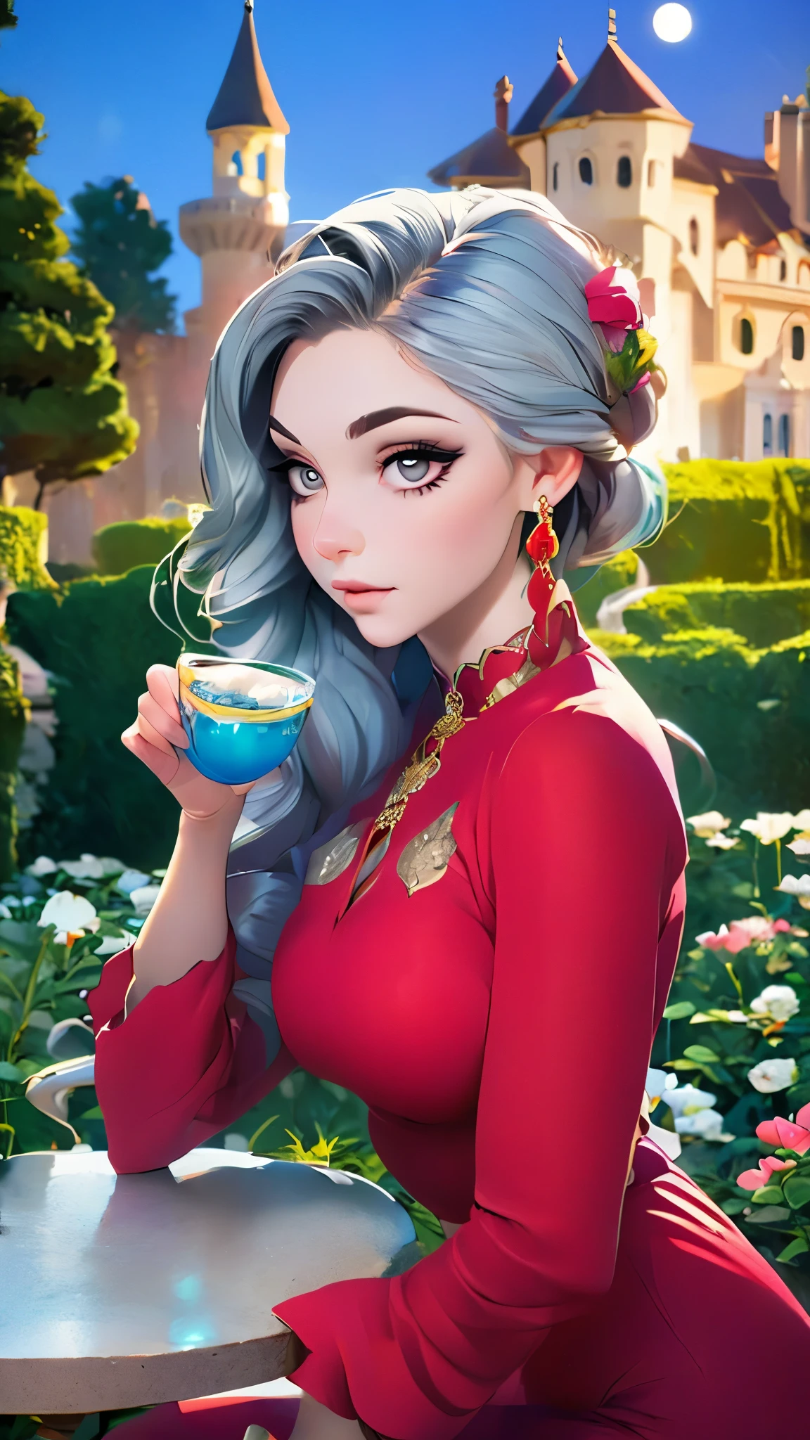 Gray Hair Woman, Gray Eyes, Royalty, Red Dress, Red Jewelry, Red Earrings, Lunar, Nobility, Noblewoman, High Quality, Highly Detailed, Detailed Face, Masterpiece, Castle, Drinking Tea, Garden, Flowers, Lights