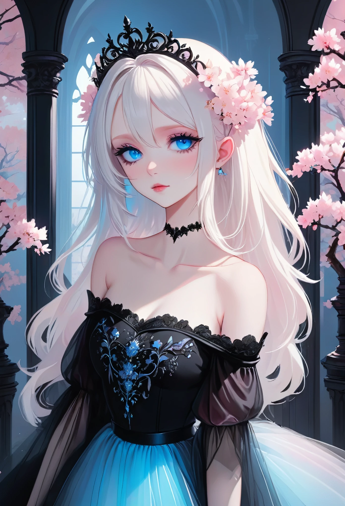 best quality, masterpiece, beautiful artwork. gradient black and pink room, a very pale white skinned vampire girl with tiara, (blue eyes:1.4), (wearing off shoulder top, black tulle skirt:1.3), (gothic aesthetic:1.2), long white hair, cherry blossoms, well lit,  pastel goth, vivid color palette 