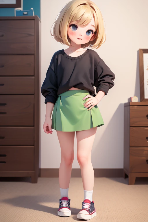 masterpiece, highest quality, Official Art, 8k wallpaper, Very detailed, figure, Small 1 person girl cute, with cute makeup, bob cut with trimmed ends, blonde , Wide Hips, Round ass, WEAR cool SNEAKERS, WEAR SOCKS, wear Tight pencil skirt, FOCUS WEAR SMALL TOP, Are standing, FOCUS HANDS ON THE HIPS, SIDE VIEW, SHE IS BLUSHING, FOCUS ALL BODY VIEW.