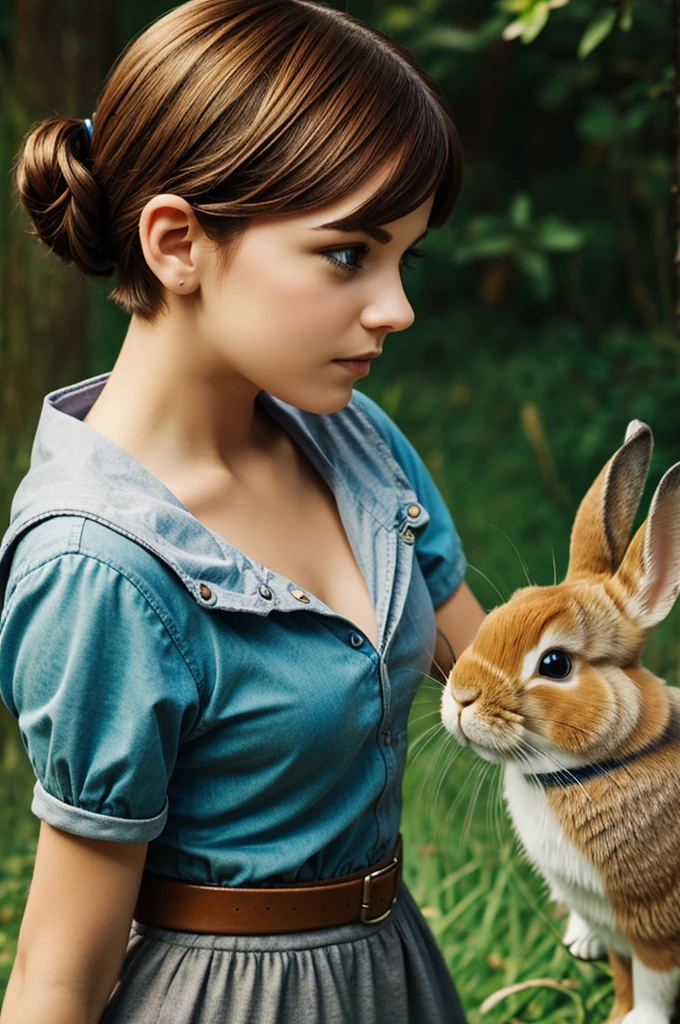 
generates a cartoon image of a girl with pixie hair and her rabbit