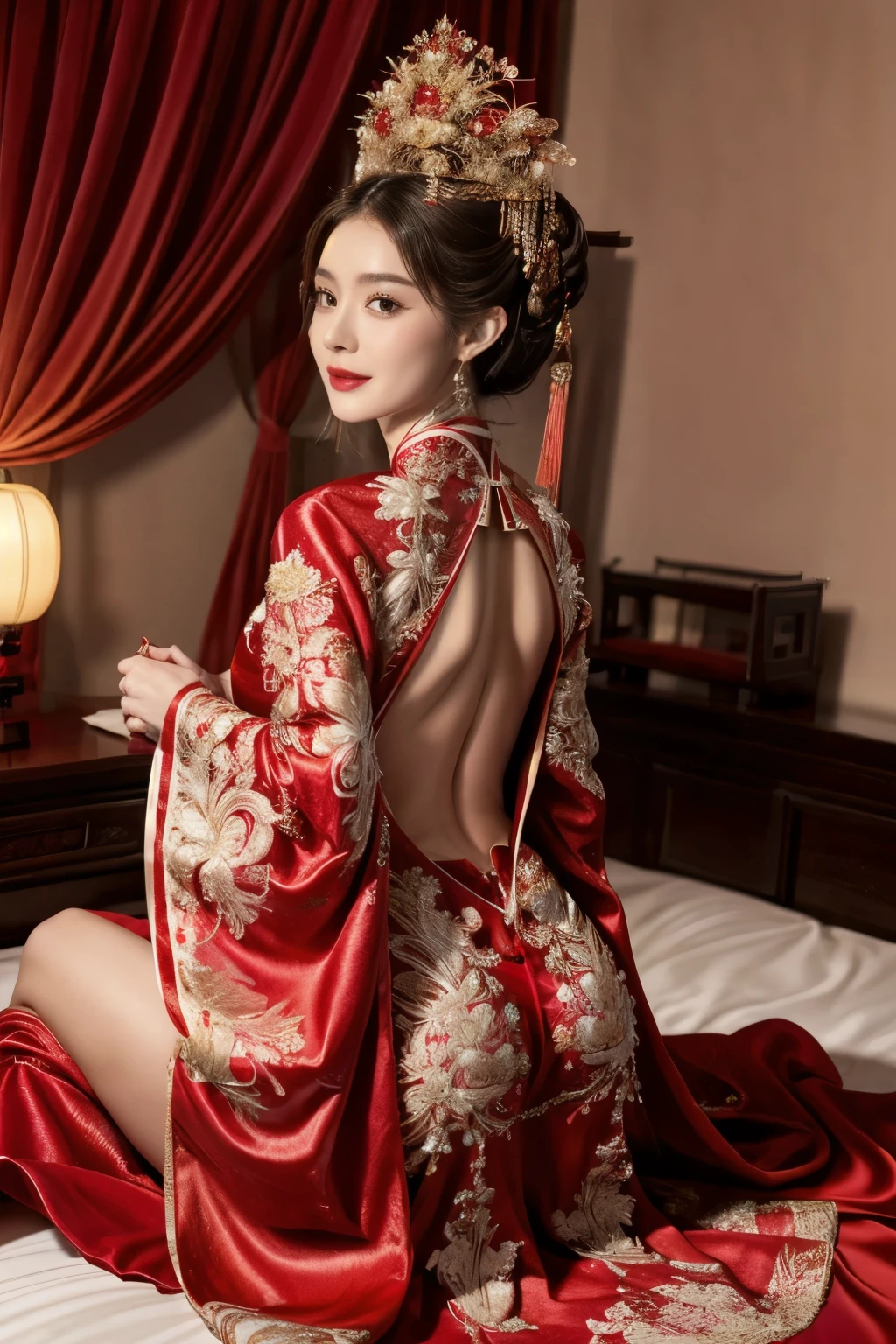 Ultra Hce with delicate features，8K，ultra intricately detailed，Clothing details， Girl in red bridal costume，Hanfu，Chinese costume，Silky silk dress，lace，Bridal outfit，Beautiful Girl，The whole body turned its back to me，Top view，Lying on the bed，头Lying on the bed，Butt exposed，Rise ass，Exposed ass，Show your buttocks，Chest exposed，Bare chest，Open your legs