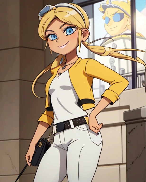 (8k, RAW photo, best quality, masterpiece:1.2), (intricate details), perfect eyes, perfect face, perfect lighting, beautiful, (masterpiece:1.2), (best quality:1.2), 1girl, solo, combine marinette dupain-cheng with chloe bourgeois, blonde hair, ((hair in short twin tails)), (fake tan skin:1.2), arrogant, haughty, haughty smile, grin, (medium breast:0.5), (average breast), (Wearing: sunglasses on head, yellow jacket, black undershirt, belt, white pants, white heels), cowboy shot, 3DMM, standing, front view,
