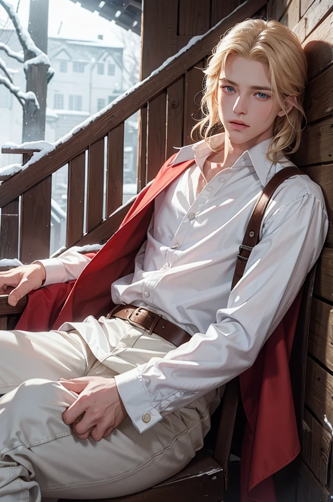 Young blond boy, mid-length hair, long eyelashes, blue eyes, 1800s clothing, white shirt, worn brown pants, braces, gloomy manor house, winter, under a red hood, snow, outside.