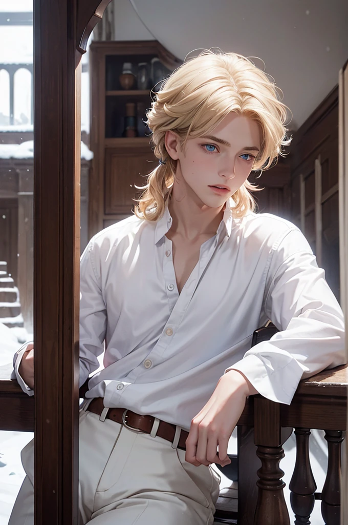 Young blond boy, mid-length hair, long eyelashes, blue eyes, 1800s clothing, white shirt, worn brown pants, braces, gloomy manor house, winter, under a red hood, snow, outside.