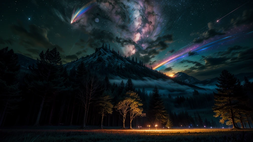 Vast landscape photo, (viewed from below, the sky is above and the open field is below), flower field, (full moon: 1.2), (meteor: 0.9), (nebula: 1.3), distant mountains , Trees BREAK Crafting Art, (Warm Light: 1.2), (Fireflies: 1.2), Lights, Lots of Purple and Orange, Intricate Details, Volumetric Lighting, Realism BREAK (Masterpiece: 1.2), (Best Quality), 4k, Ultra-Detailed, (Dynamic Composition: 1.4), Very Detailed, Colorful Details, (Rainbow Colors: 1.2), (Glow Lighting, Atmospheric Lighting), Dreamy, Magical, (Solo: 1.2)