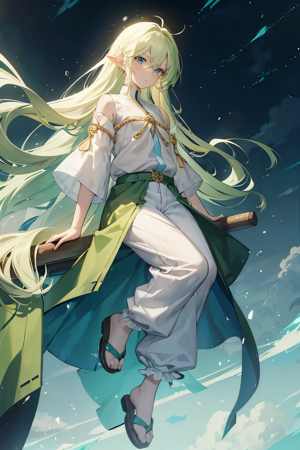 young man in anime style with long golden hair, elf ears, Blue eyes, Green clothes with white details: top with rolled up sleeves, baggy pants, sandals on the feet, на лице милая улыбка, лисьи глаза с голубой радужкой, длинные ресницы, взгляд устремлён в верх, детализированные глаза, на фоне лес