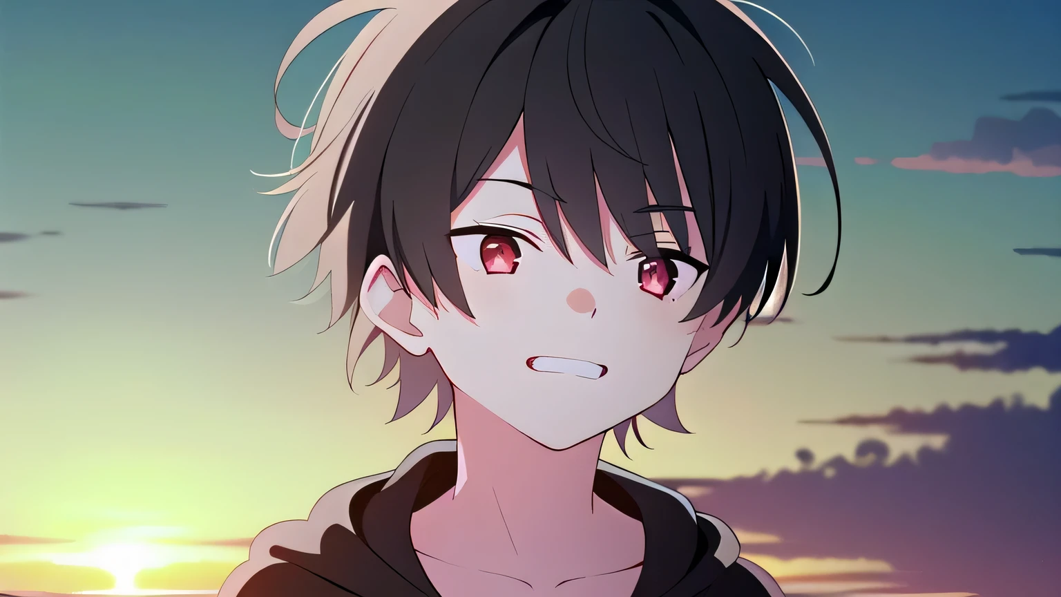  skinny, solo, 1boy, man, male A gloomy appearance,innocent smile,very short hair, short cut hair, black hair, red eyes,messy hair, bangs, messy bangs, cowlick, black hoodie, upper body, theme dark, sunset background,